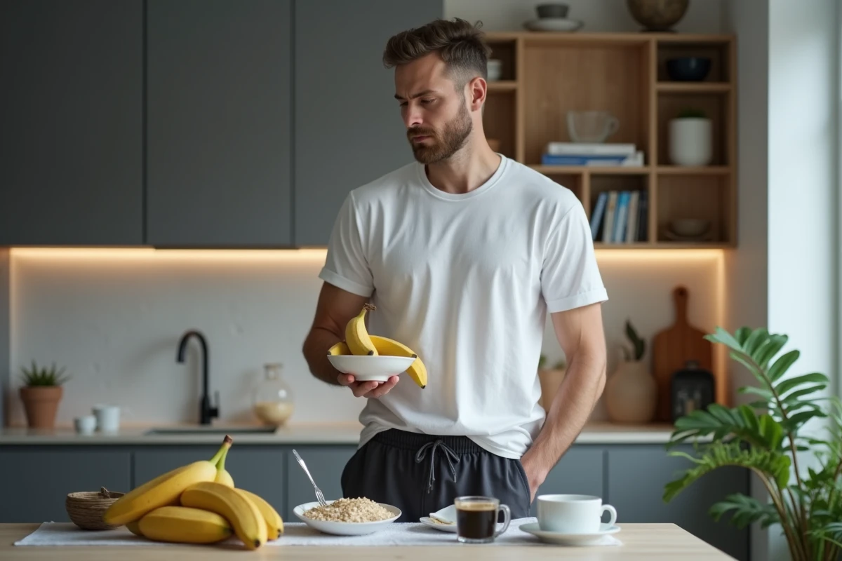 Homme tenant une banane devant un petit-déjeuner complet dans une cuisine moderne