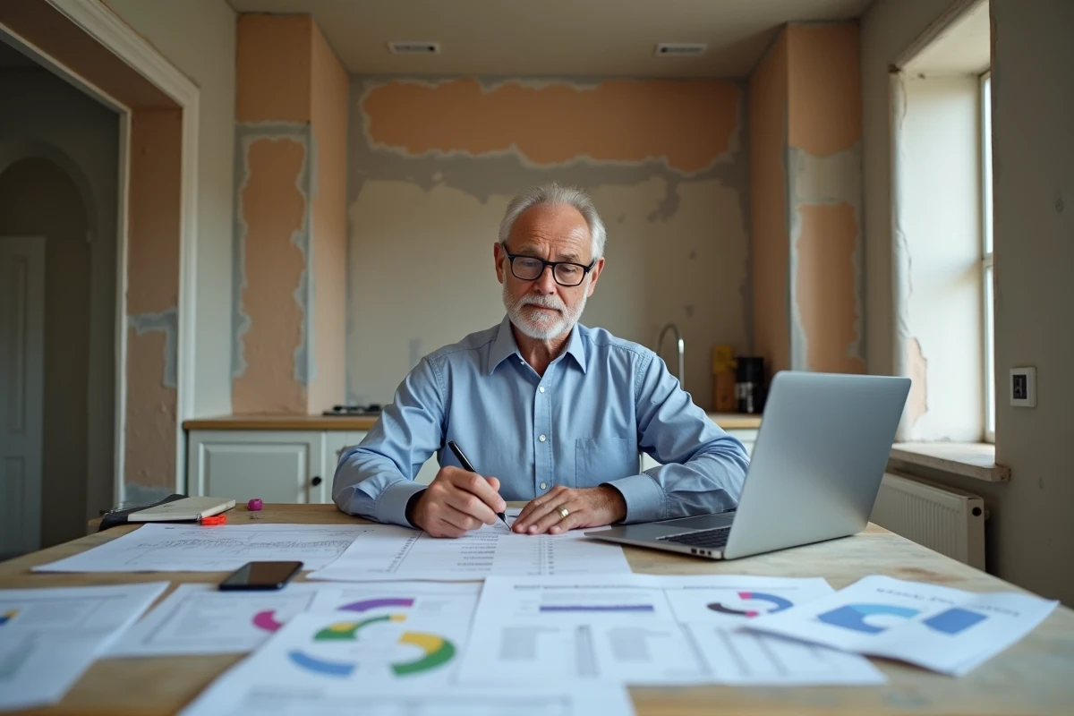 Homme comparant des devis de cuisinistes sur une table avec des plans et un ordinateur portable lors d'une rénovation de cuisine