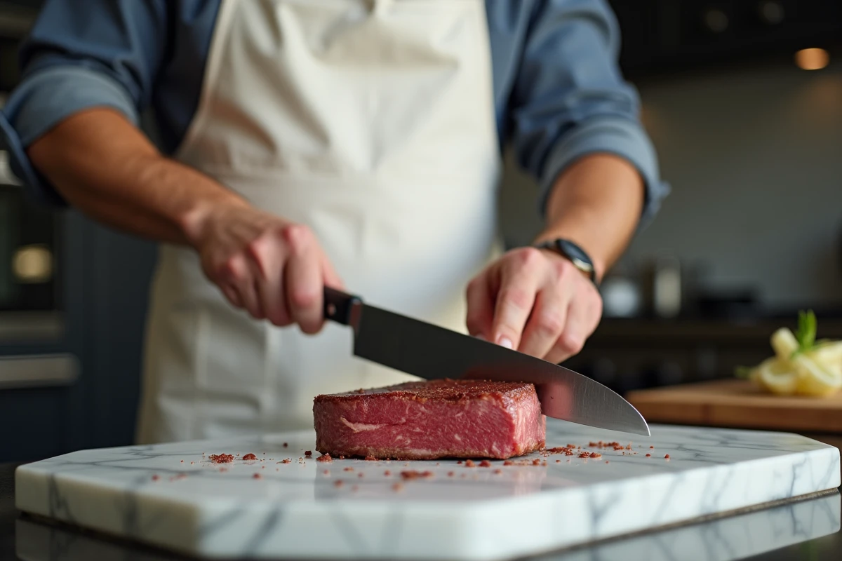 Homme en tablier blanc découpant un steak avec un couteau à steak premium sur un plan de travail en marbre