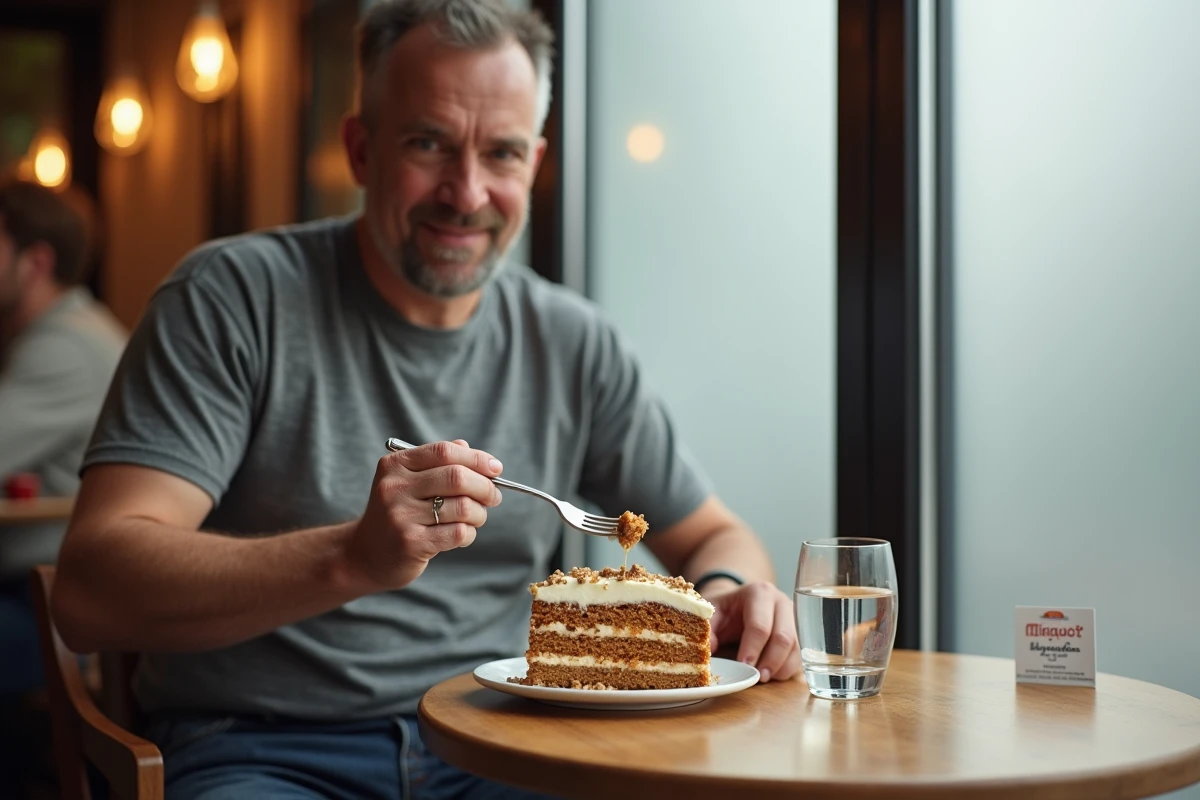 Homme dégustant une part de gâteau sain aux carottes dans un café, dans le cadre d'un régime équilibré