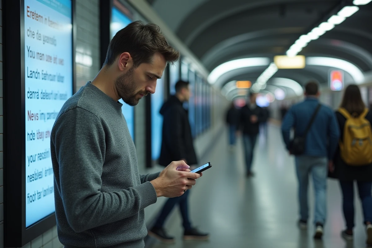 Homme consultant son smartphone devant un écran d'information politique dans une station de métro urbaine