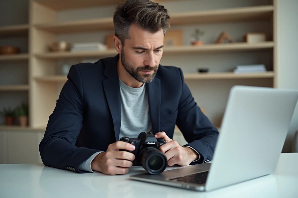 Homme en blazer marine inspectant un appareil photo professionnel haut de gamme dans un espace de travail minimaliste