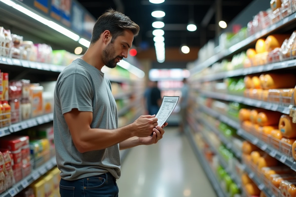 Homme lisant l'étiquette nutritionnelle d'un produit alimentaire dans un supermarché pour consommer sans risque