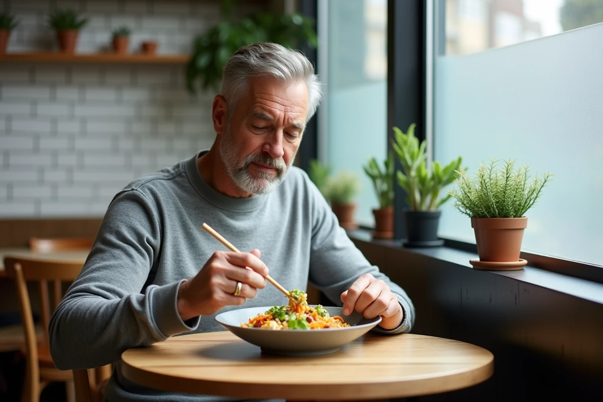 Homme dégustant un repas végétalien équilibré à base de tofu et de légumes dans un café minimaliste urbain