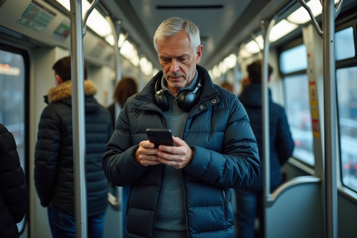 Homme utilisant un smartphone et un casque audio dans les transports en commun, représentant l'omniprésence des technologies portables dans la vie quotidienne