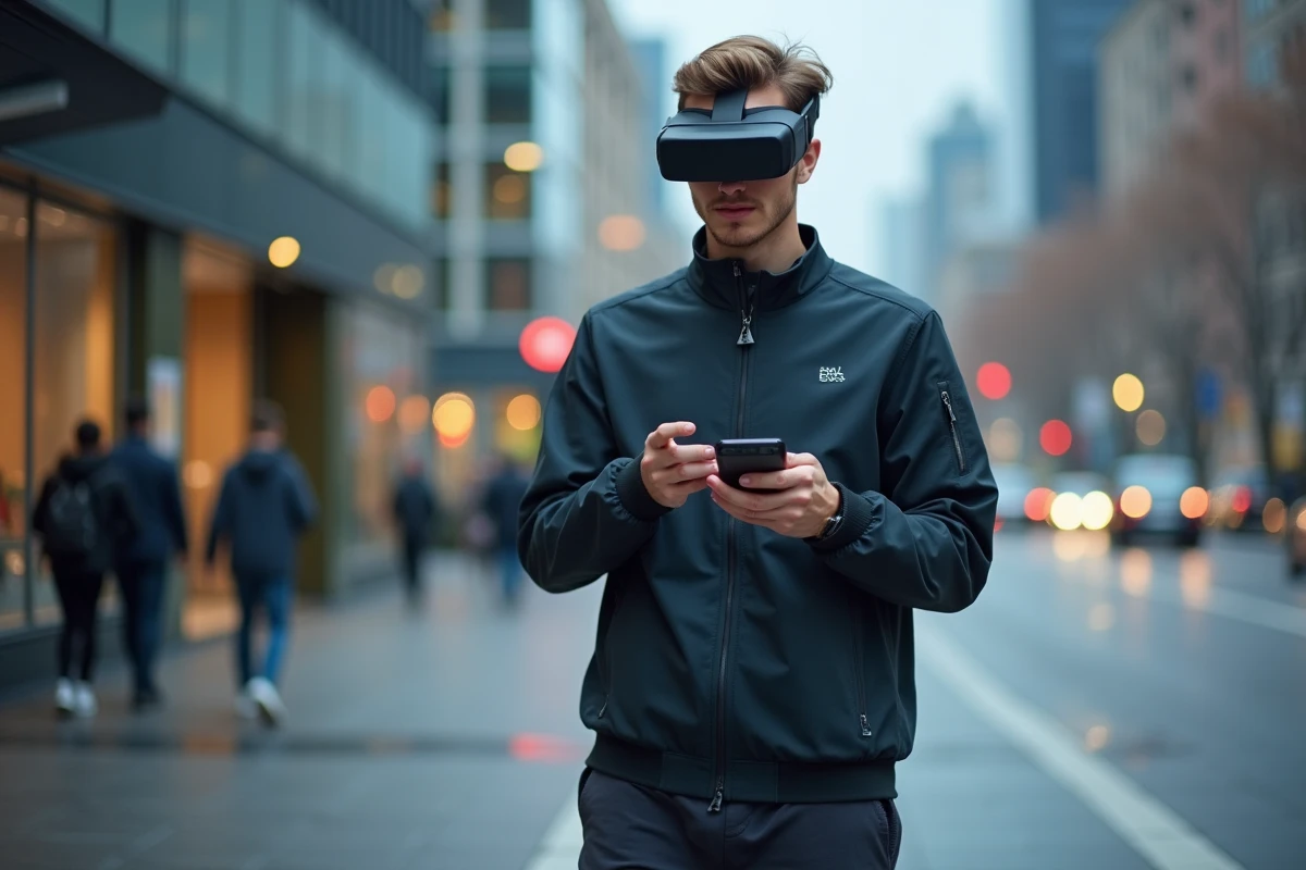 Homme portant des lunettes de réalité augmentée et un smartphone pliable en milieu urbain, symbole de la technologie portable moderne