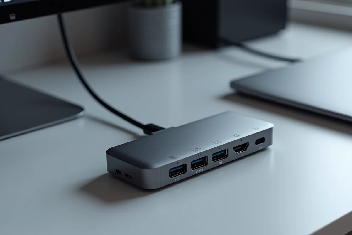 Hub USB-C en aluminium gris foncé avec ports HDMI, USB-A et lecteur de carte SD connecté à un ordinateur portable sur un bureau