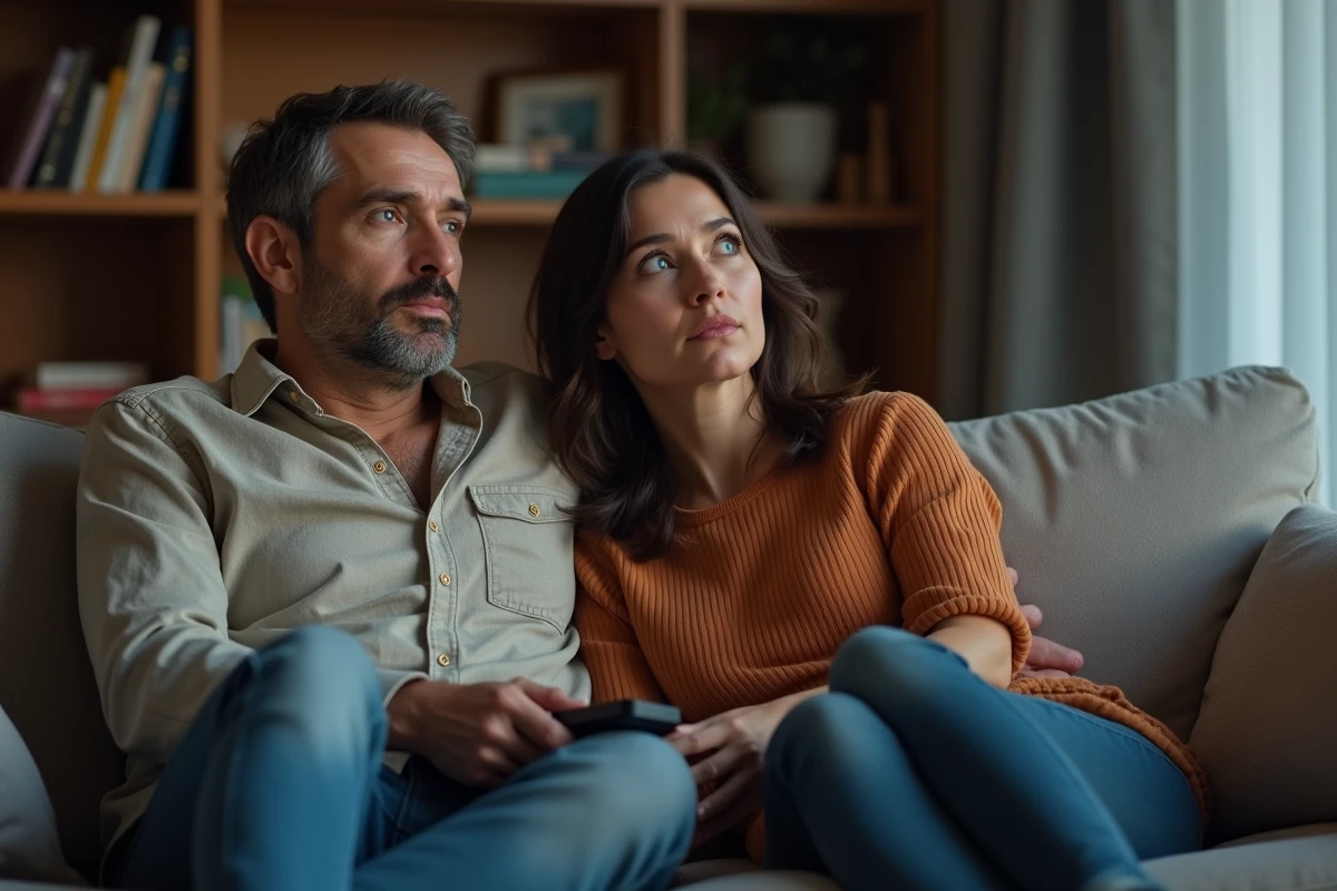 Couple regardant les informations télévisées ensemble sur un canapé, expressions attentives et légèrement tendues, intérieur domestique réaliste