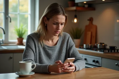 Femme consultant les actualités sur son smartphone à la table de cuisine le matin, expression préoccupée, ambiance domestique réaliste