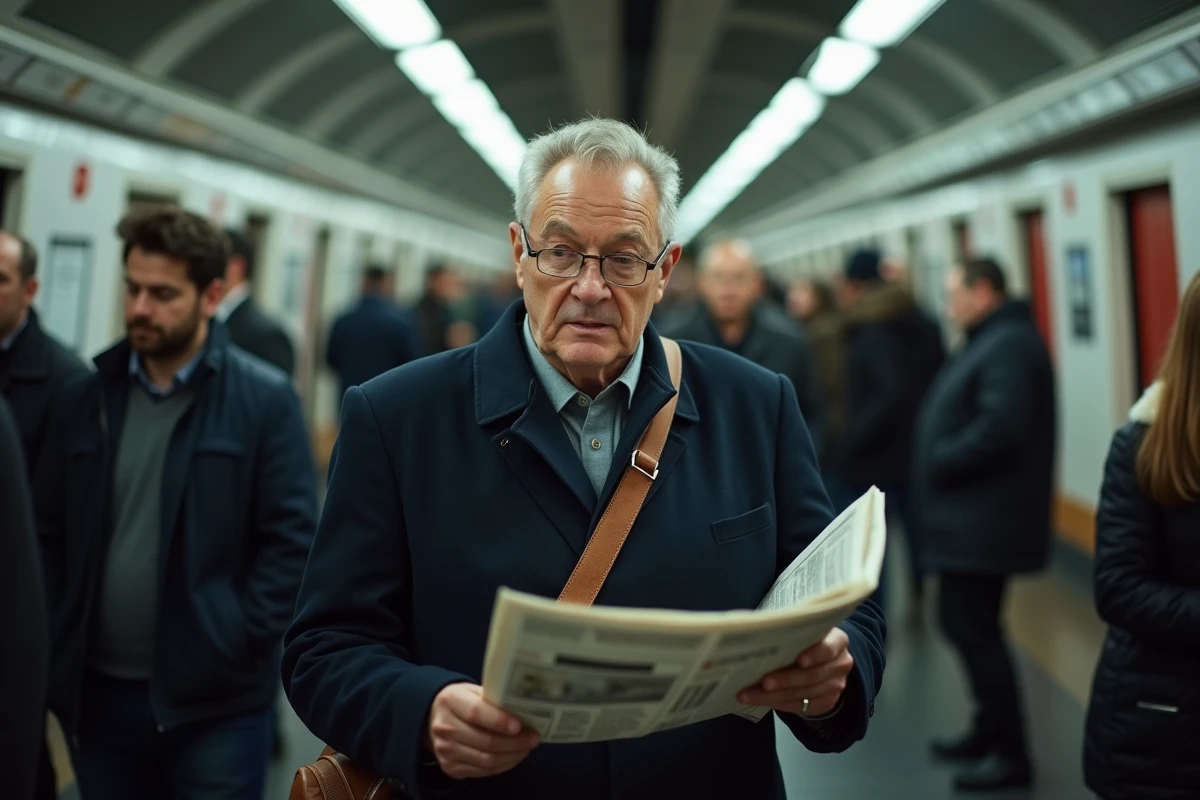 Homme d'âge mûr lisant un journal dans une station de métro bondée, ambiance urbaine réaliste, navetteurs flous en arrière-plan