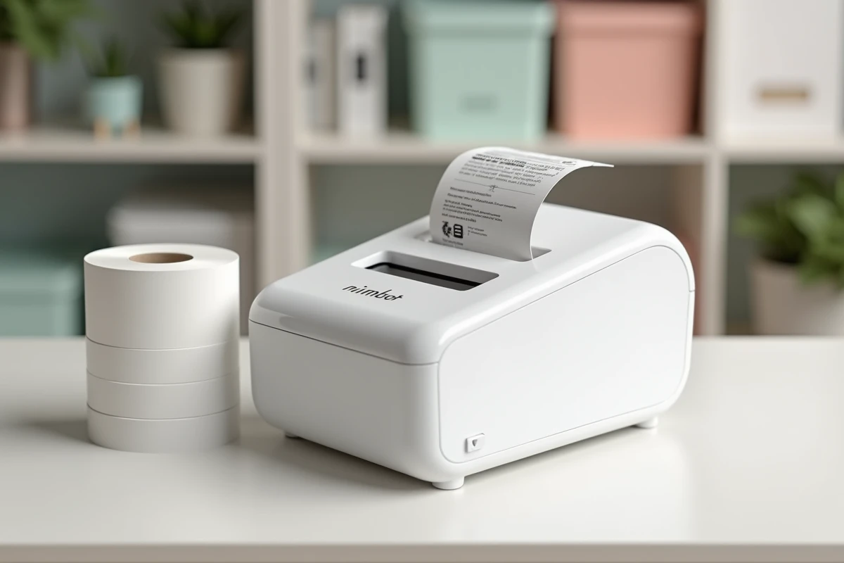 Imprimante d'étiquettes Niimbot B1 blanche avec une étiquette imprimée qui sort du slot, posée sur un bureau organisé