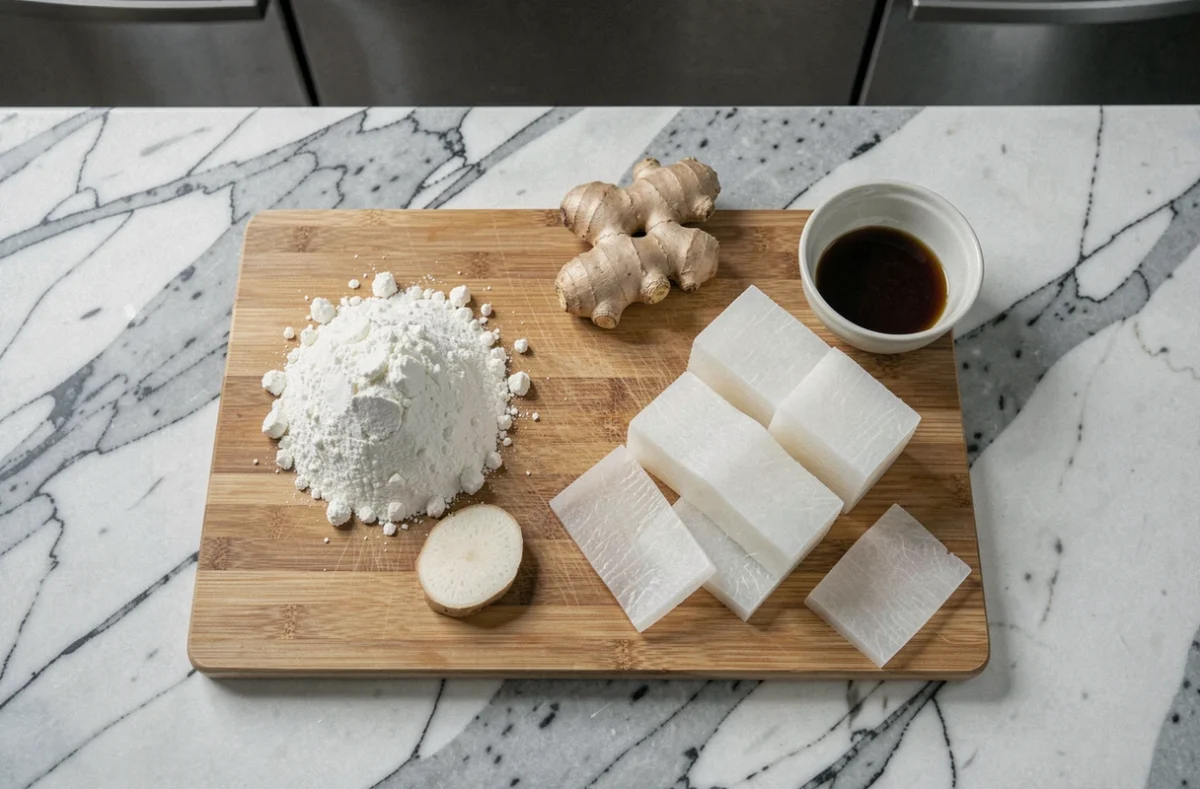 Présentation de racine de konjac brute, farine et blocs shirataki sur un plan de travail en marbre