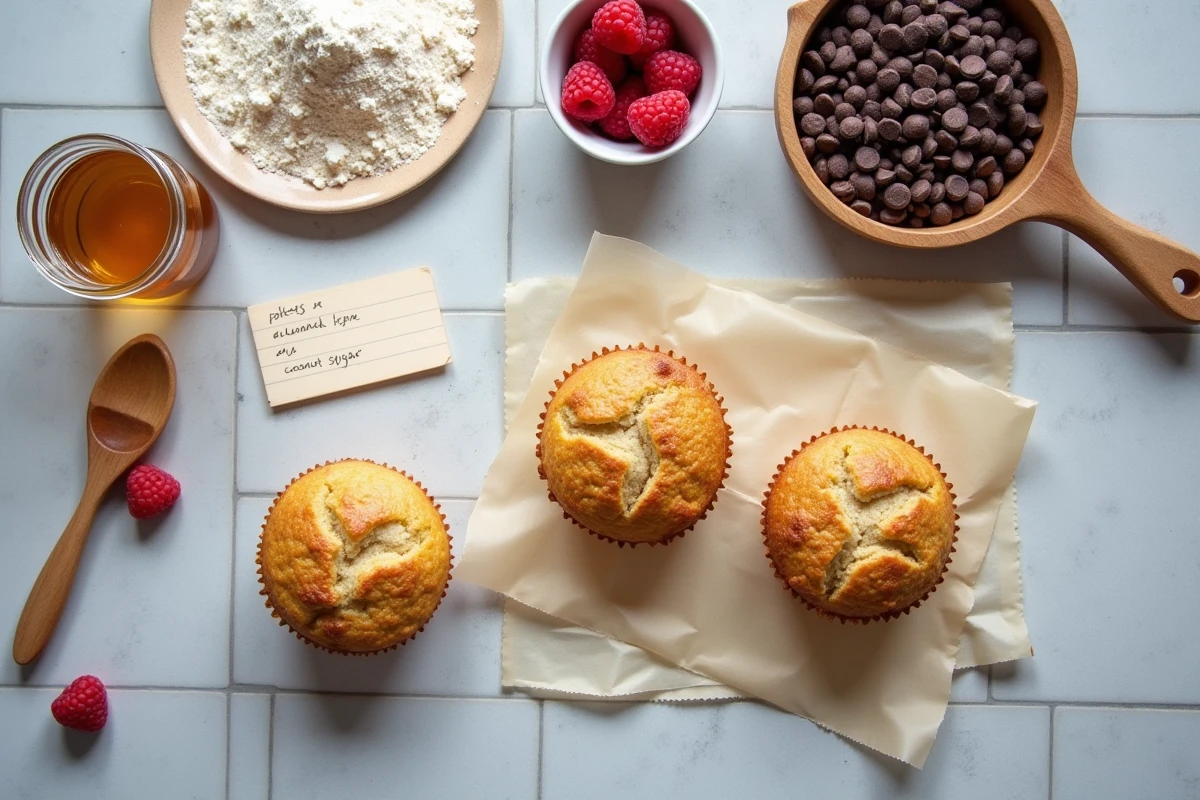 Vue de dessus d'ingrédients sains pour pâtisserie allégée avec des muffins maison sur papier sulfurisé
