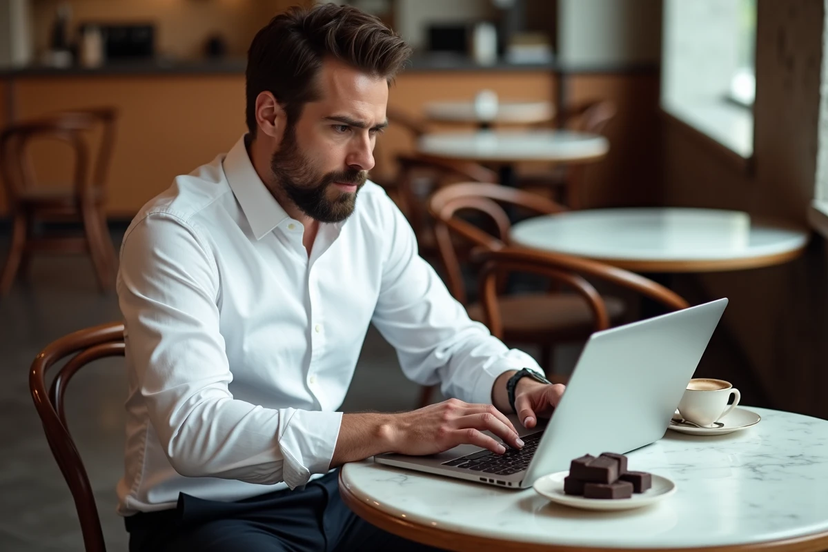 Homme consultant un site d'inscription au salon du chocolat dans un café parisien