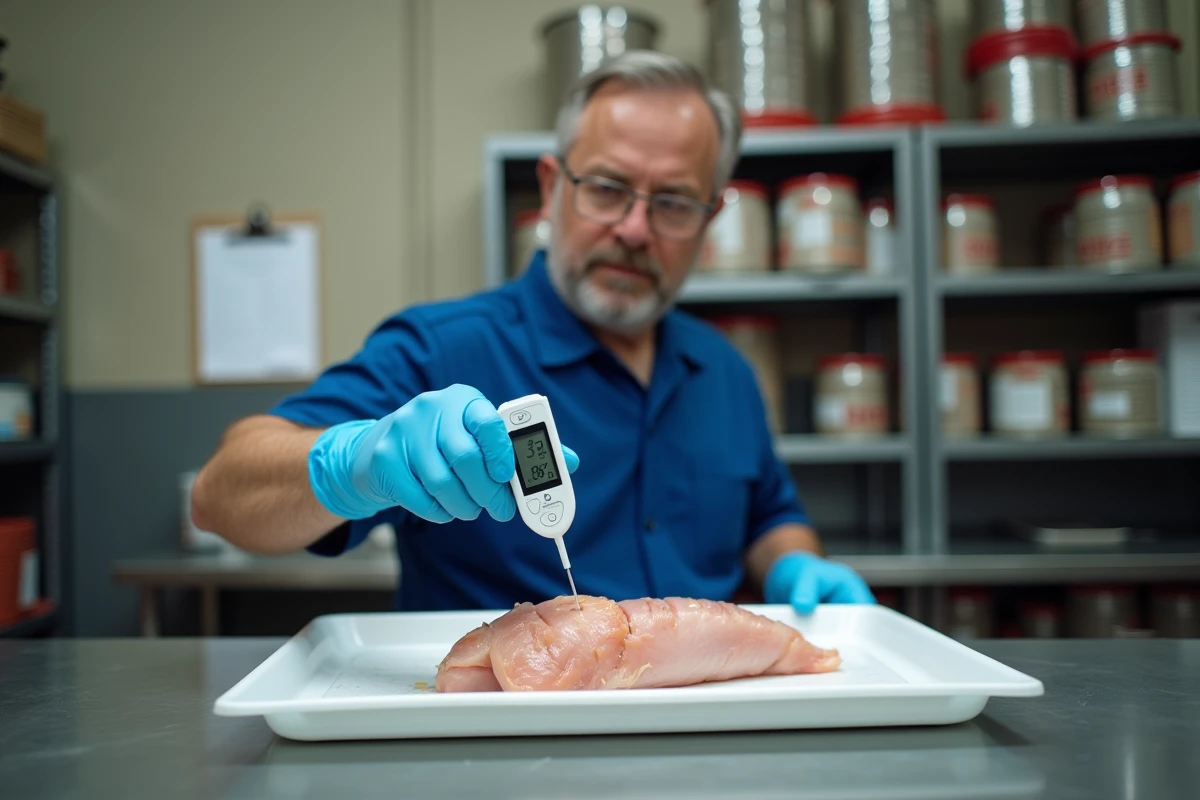 Inspecteur sanitaire mesurant la température interne d'un poulet cuit avec un thermomètre numérique dans une chambre de stockage alimentaire professionnelle