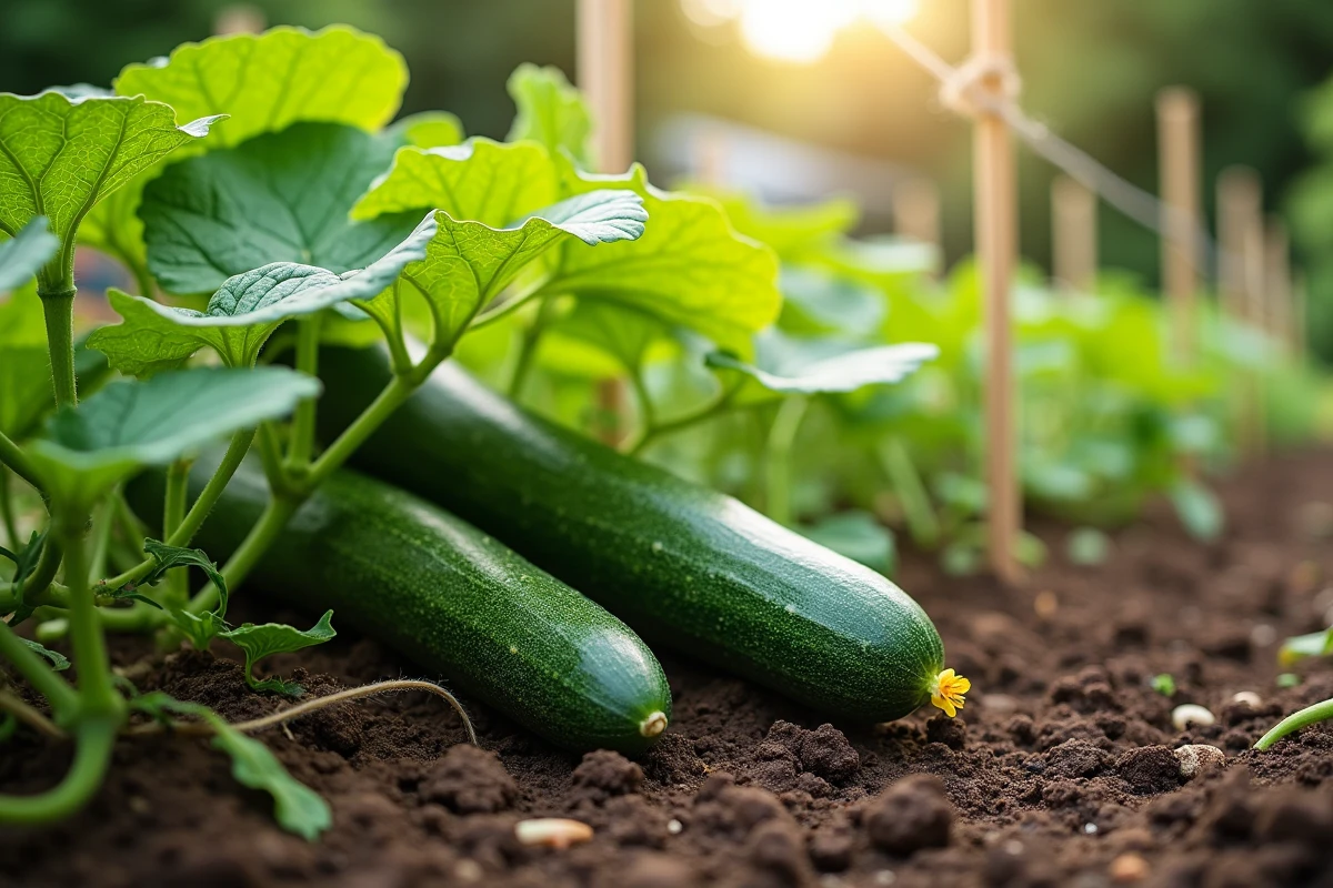 Jardin potager avec plants de concombres et courgettes cultivés en association avec des tomates et carottes