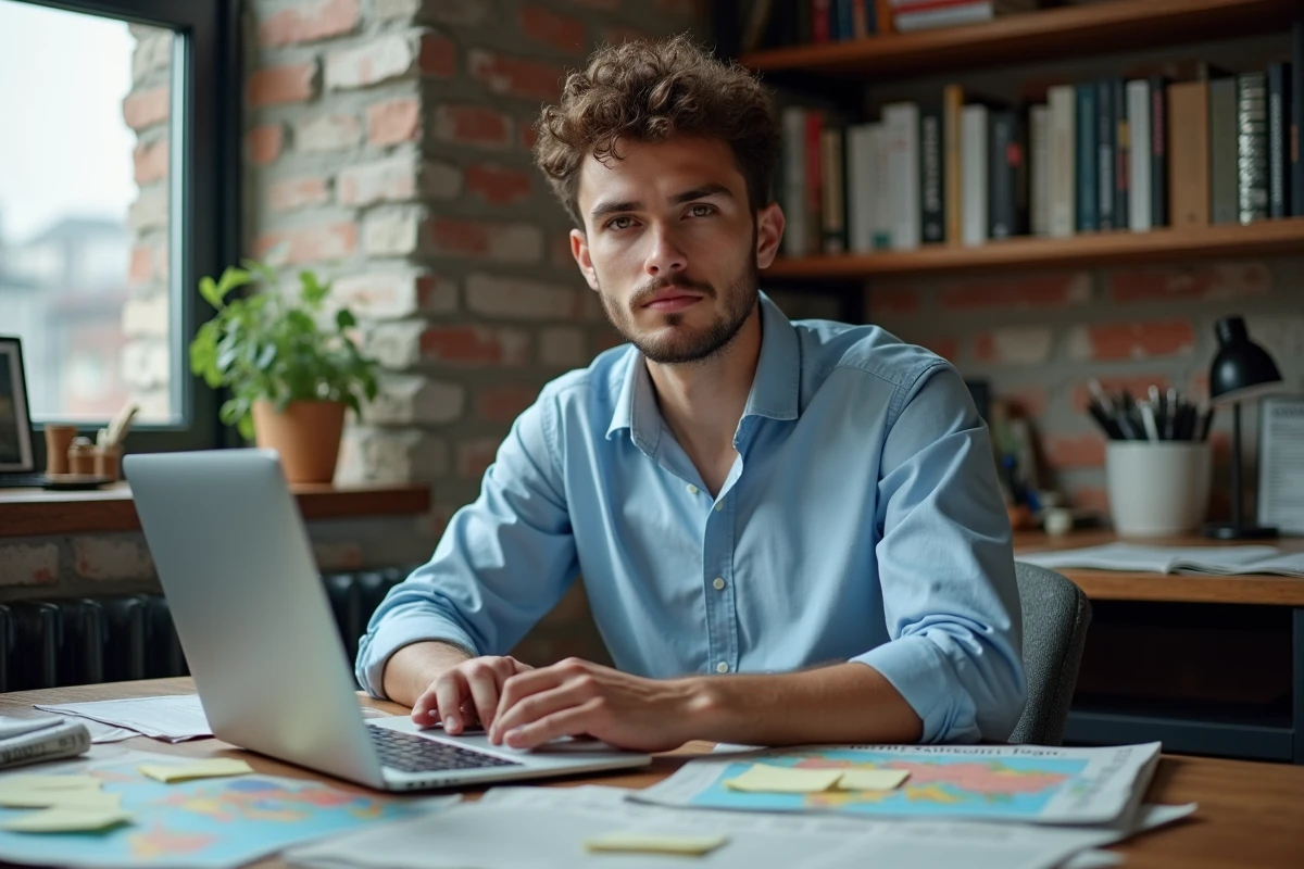 Jeune journaliste travaillant dans un bureau à domicile entouré de journaux internationaux et de cartes pour couvrir l'actualité mondiale