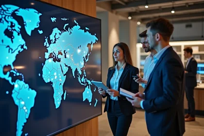 Journalistes réunis dans une salle de rédaction moderne autour d'une carte du monde numérique pour analyser l'actualité internationale