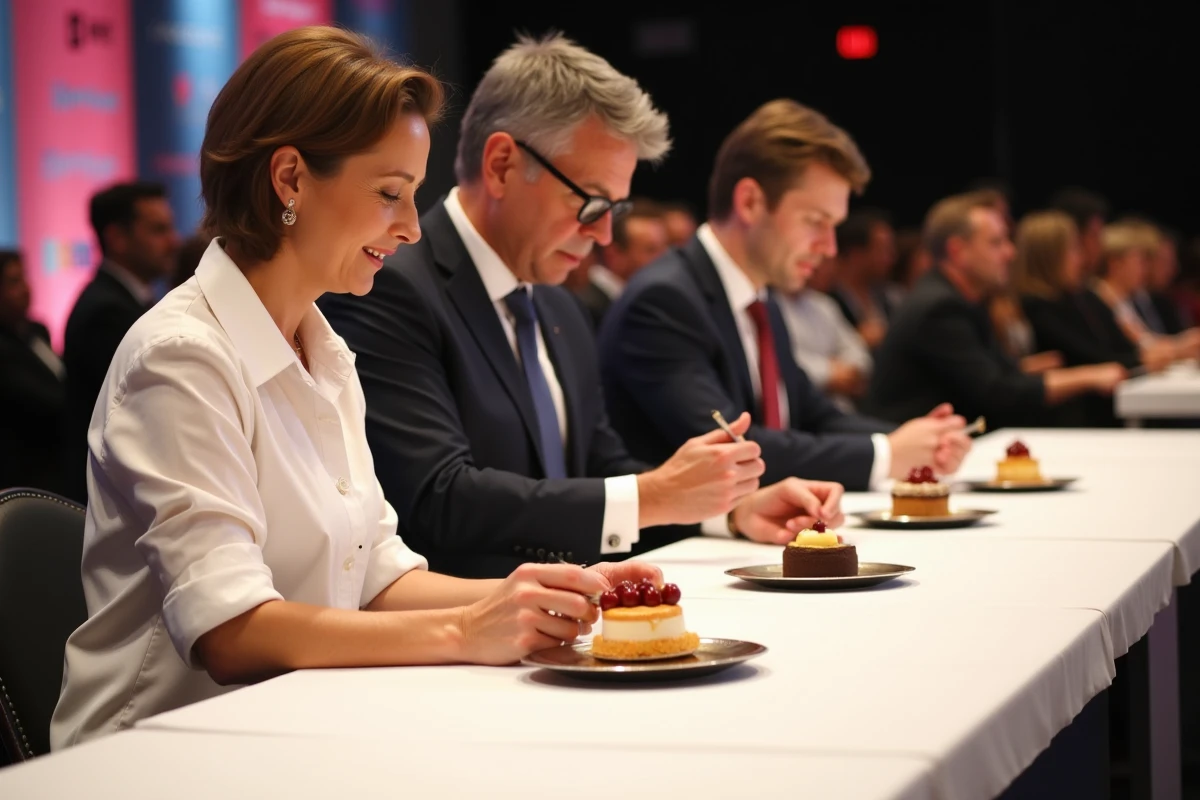 Jury de compétition pâtissière composé de trois juges assis à une table officielle en train de déguster et évaluer des créations de pâtisserie