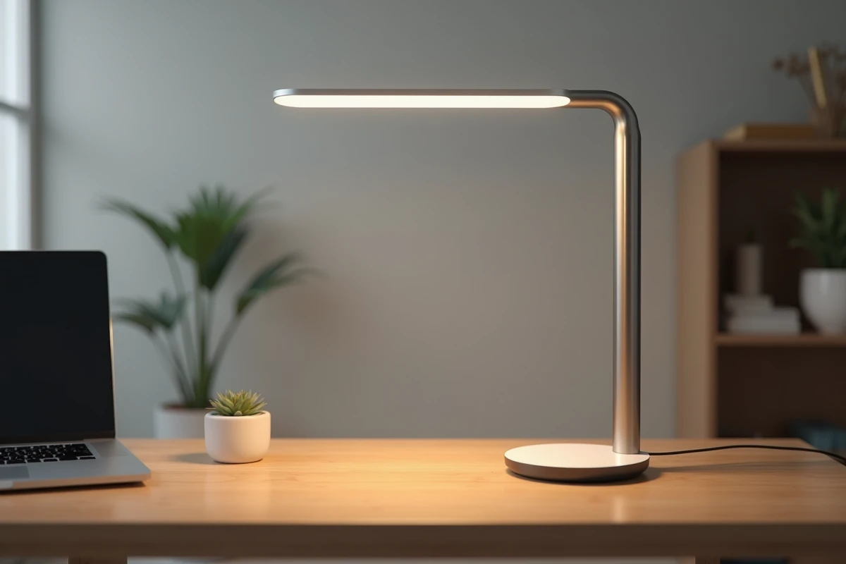 Lampe de bureau à spectre circadien en aluminium brossé posée sur un bureau en bois à côté d'un ordinateur portable fermé