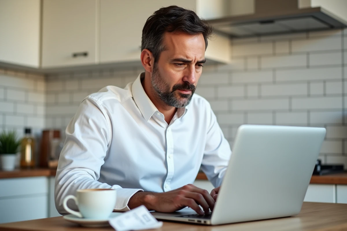 Homme lisant attentivement des avis en ligne sur un ordinateur portable dans une cuisine moderne, cherchant à éviter les erreurs d'achat d'équipement technologique