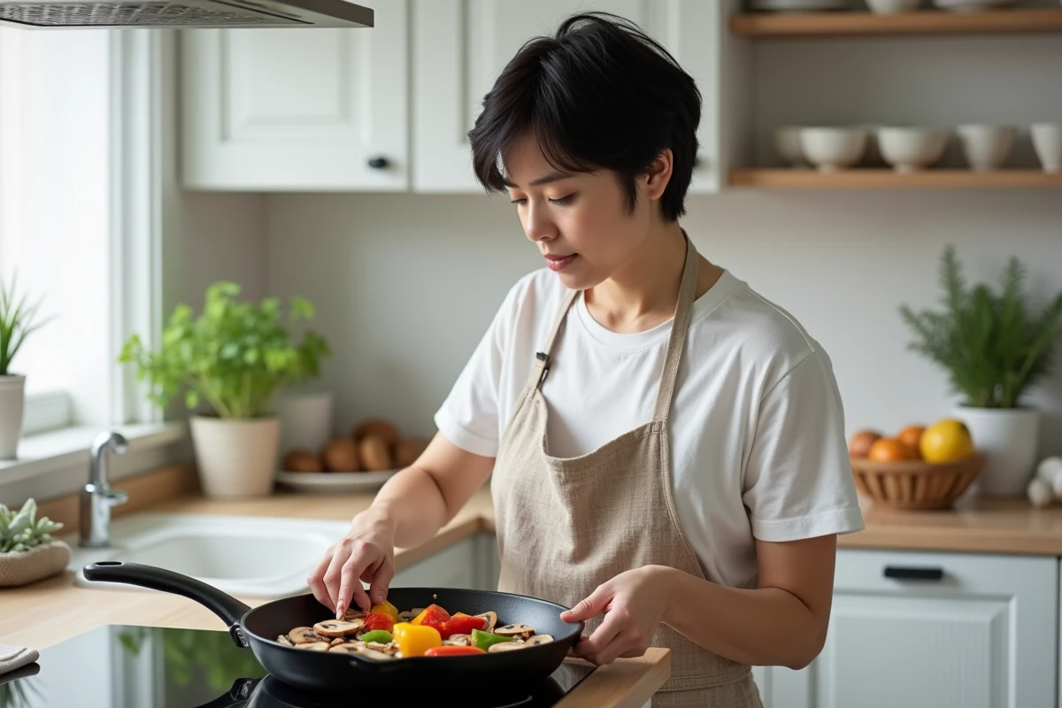 Femme faisant revenir des champignons et poivrons dans une poêle en fonte sur plaque à induction dans une cuisine scandinave