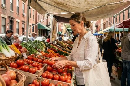 Femme choisissant des tomates fraîches sur un marché local urbain en plein air