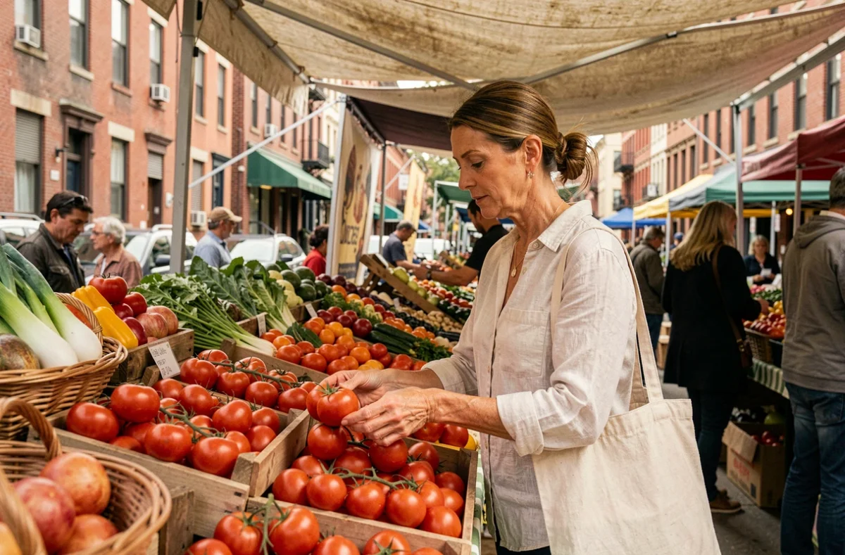 Femme choisissant des tomates fraîches sur un marché local urbain en plein air