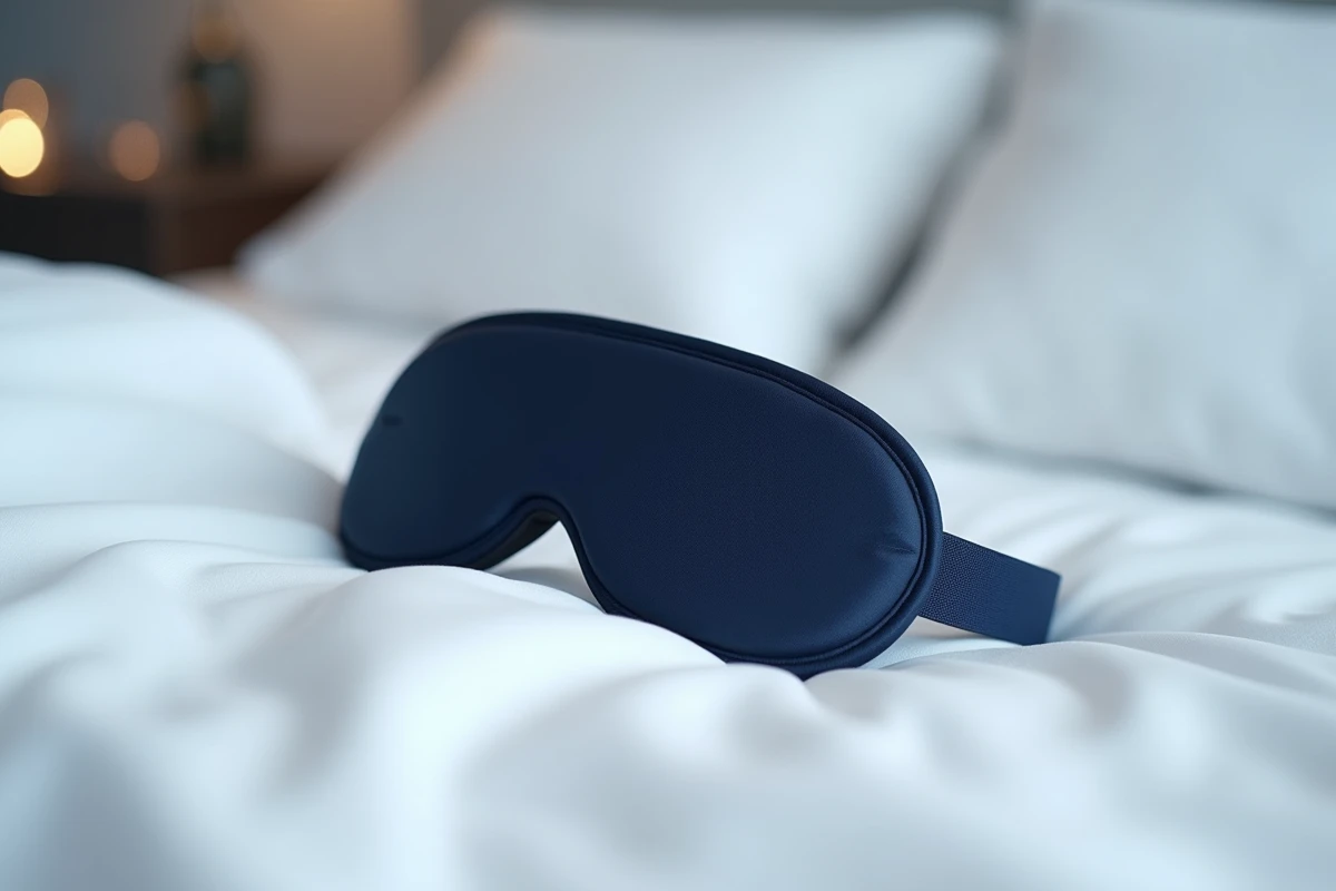 Masque de sommeil Bluetooth Musicozy en tissu bleu marine avec haut-parleurs intégrés posé sur un oreiller blanc