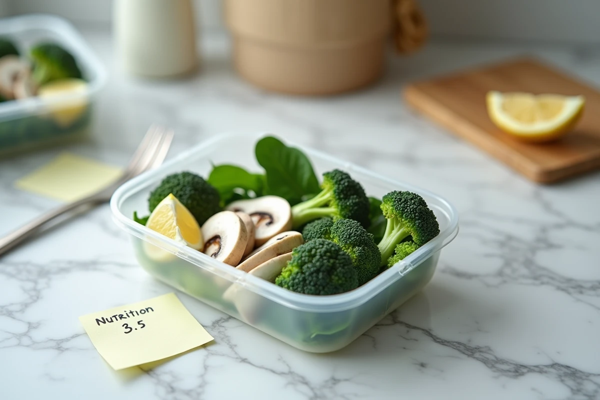 Boîte repas préparée avec des légumes faibles en calories sur un comptoir en marbre, organisation meal prep