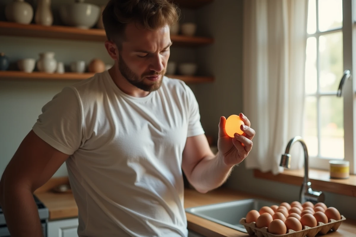 Homme inspectant un œuf cru par transparence avec une lampe de poche pour vérifier sa fraîcheur