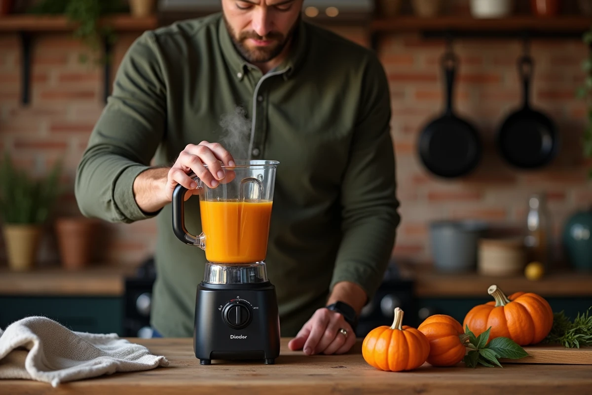 Homme mixant une soupe de potiron et gingembre dans un blender en verre dans une cuisine rustique avec murs en briques