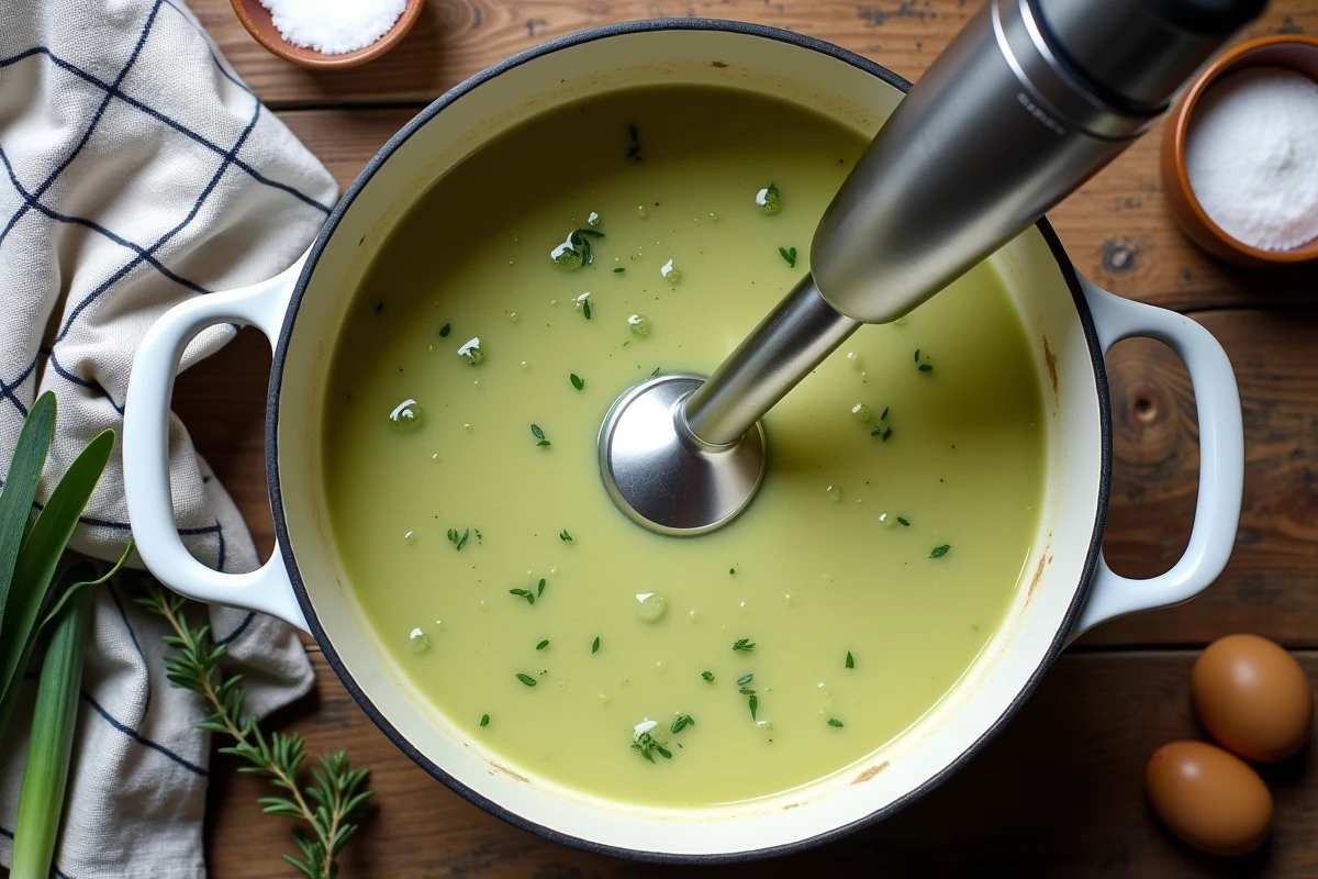 Vue de dessus d'un mixeur plongeant en action dans une soupe crémeuse aux poireaux et pommes de terre dans une casserole en émail blanc
