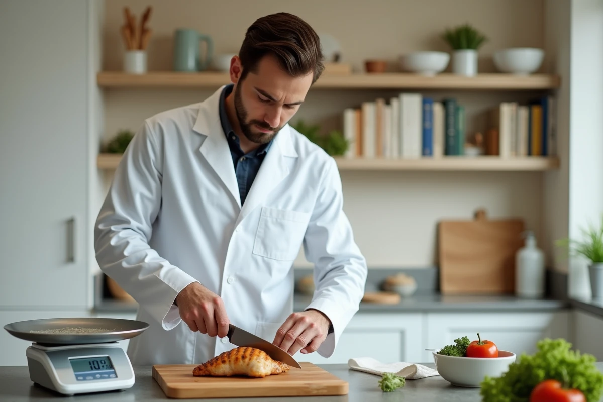 Nutritionniste portionnant 100 g de poulet cuit sur balance de cuisine pour analyse protéique