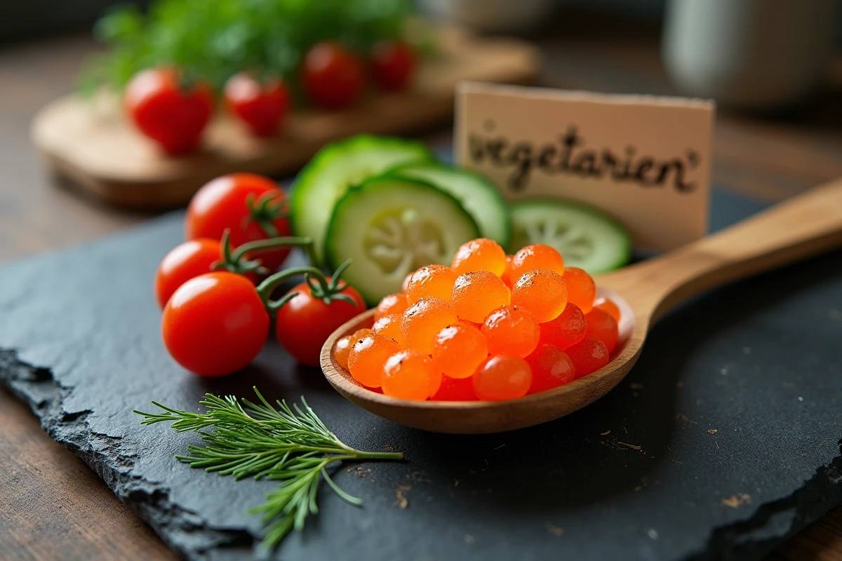 Gros plan sur des œufs de saumon posés à côté de légumes frais et d'un carton 'végétarien ?' sur une ardoise rustique, illustrant la question éthique du régime végétarien et des œufs de poisson