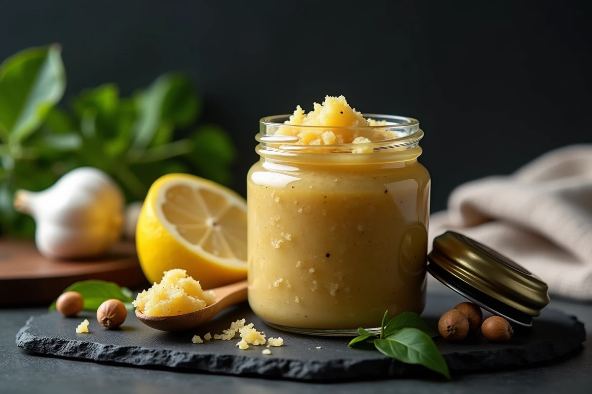 Pot en verre de pâte maison à l'ail et au gingembre sur une ardoise sombre avec une cuillère en bois et des épices