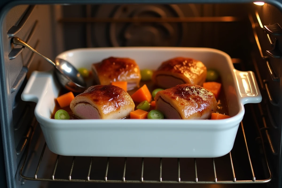 Paupiettes de porc au four dans un plat céramique blanc avec légumes rôtis sortant du four