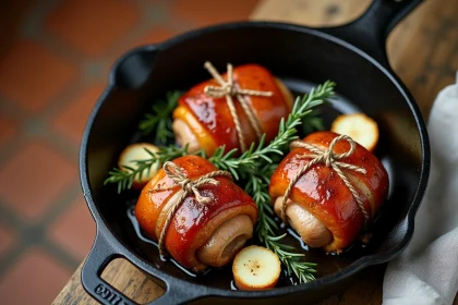 Paupiettes de porc dorées à la poêle dans une cocotte en fonte avec thym frais et échalotes