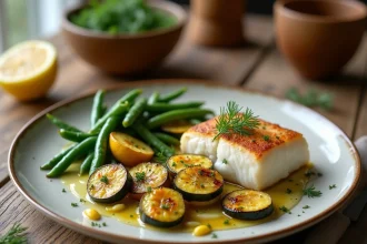 Assiette de poisson blanc avec légumes rôtis en remplacement des féculents, servie sur une table en bois rustique