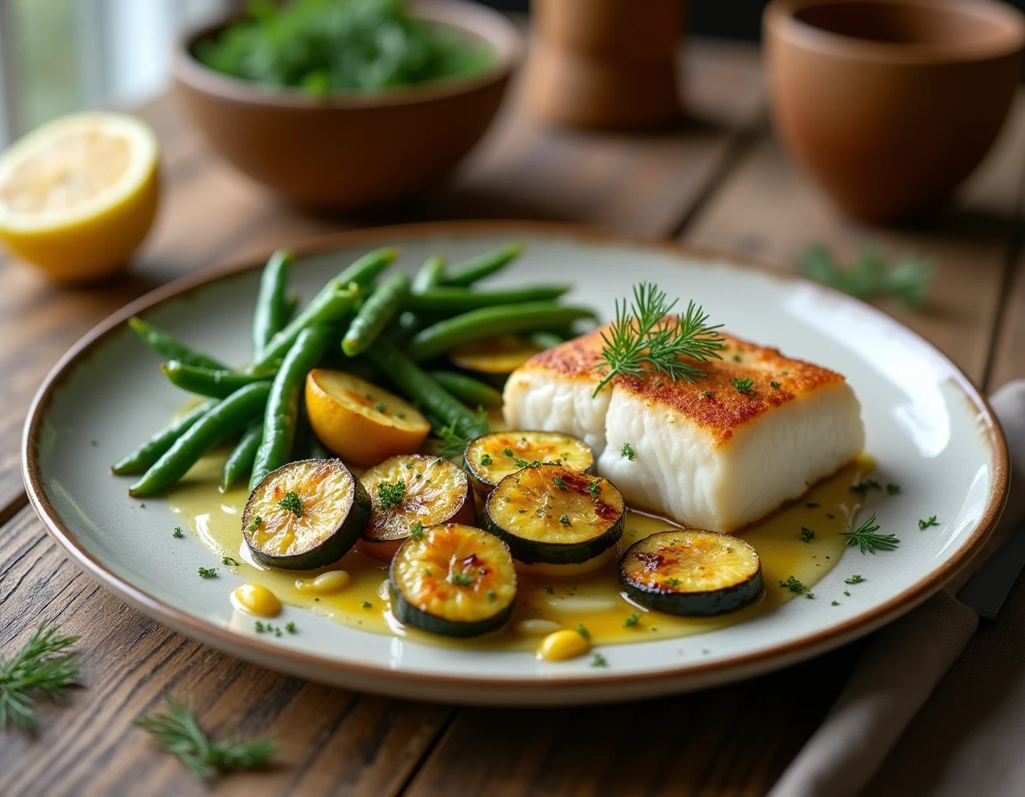 Assiette de poisson blanc avec légumes rôtis en remplacement des féculents, servie sur une table en bois rustique