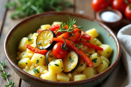 Bol de pommes de terre écrasées garnies de légumes rôtis colorés sur une table en bois rustique