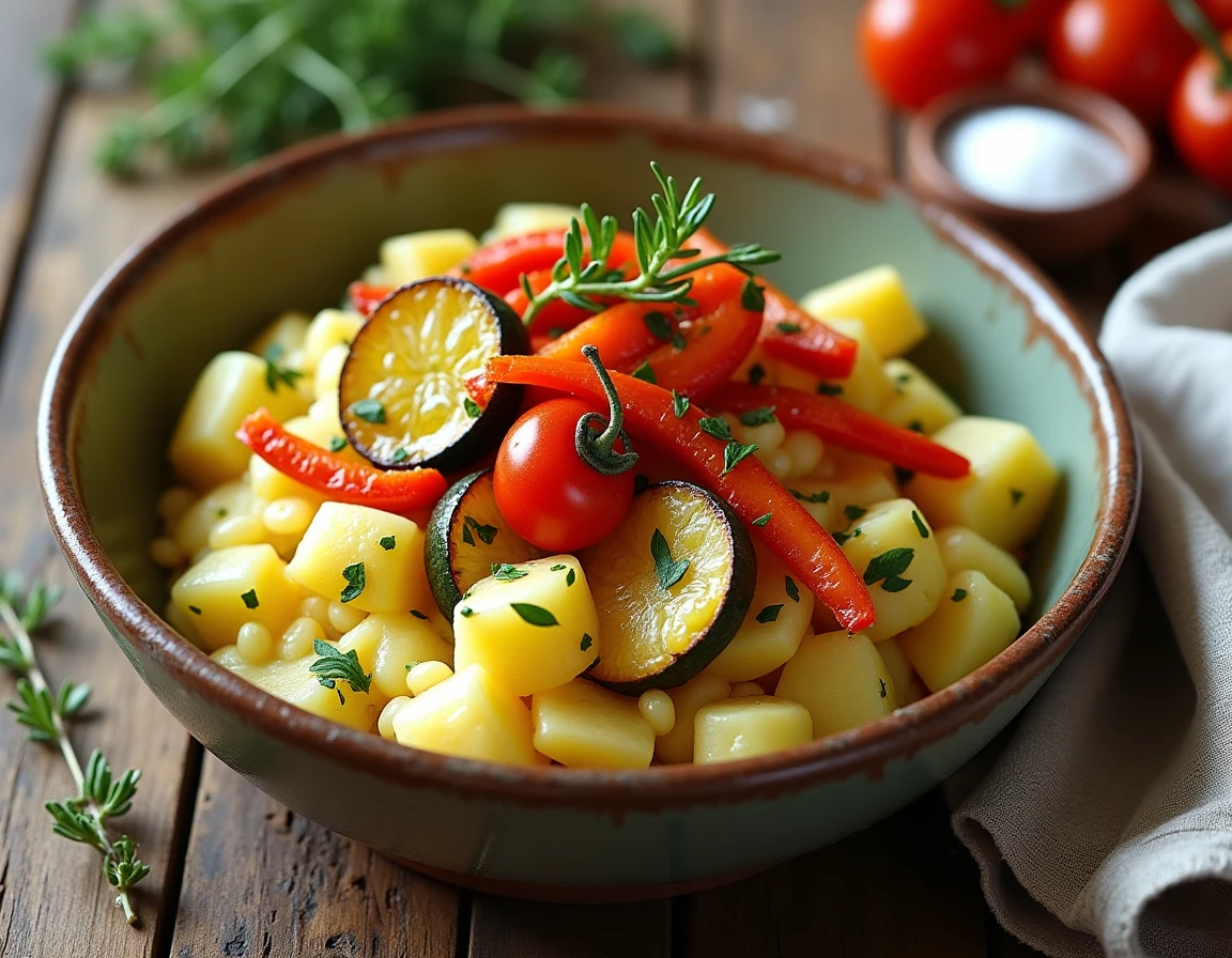 Bol de pommes de terre écrasées garnies de légumes rôtis colorés sur une table en bois rustique