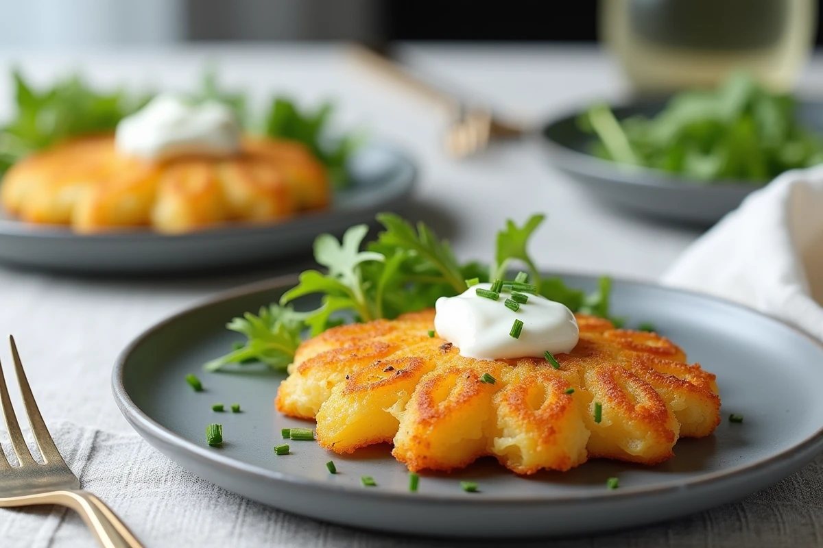 Deux portions de rapée de pomme de terre au four servies sur assiettes grises avec yaourt grec et ciboulette, repas léger