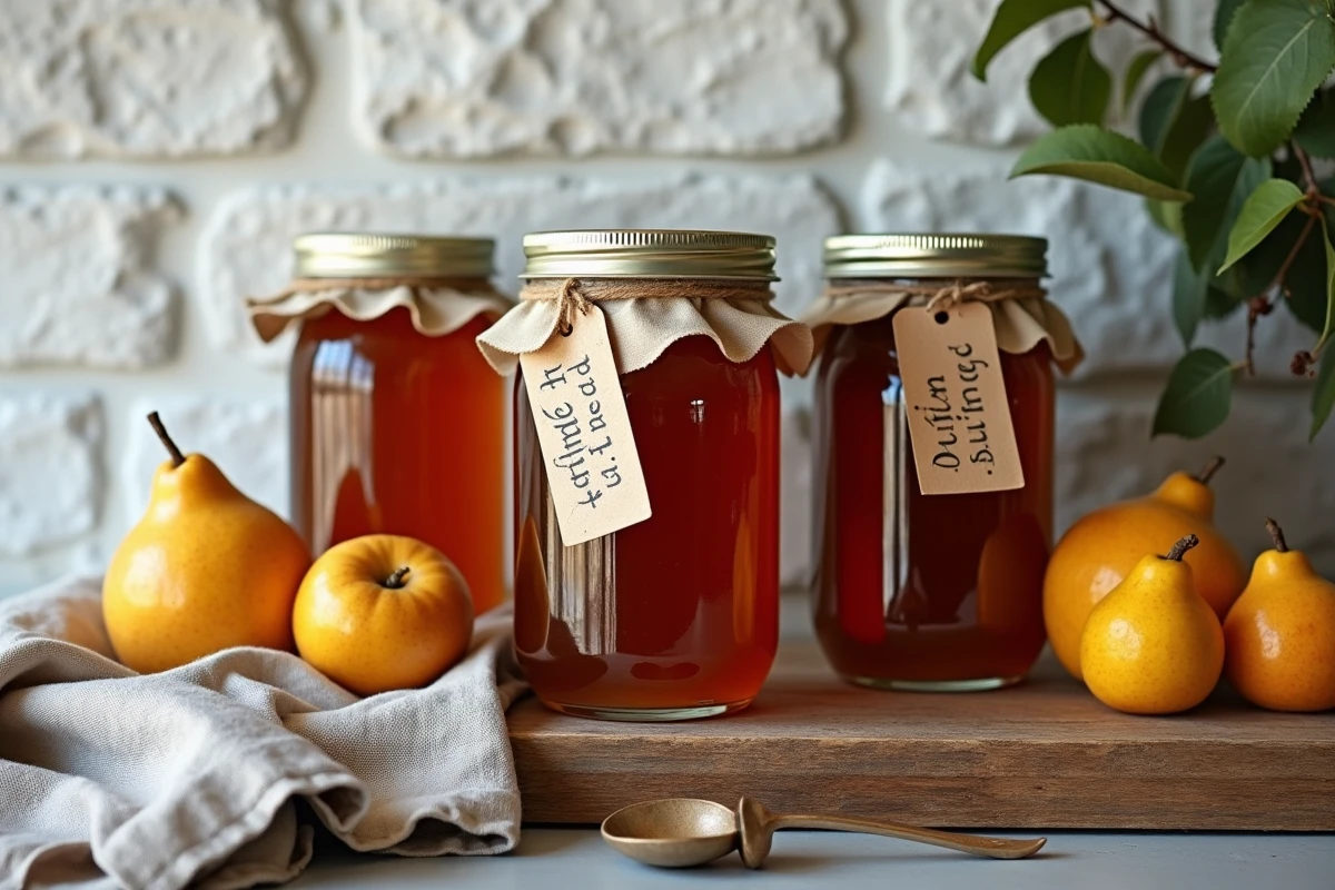 Pots de confiture de coings maison avec peau, étiquetés à la main et posés sur une étagère en bois rustique