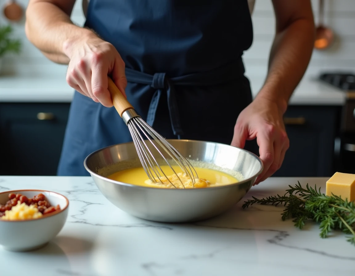 Homme fouettant l'appareil à quiche lorraine avec œufs, crème fraîche et gruyère râpé dans un bol en inox