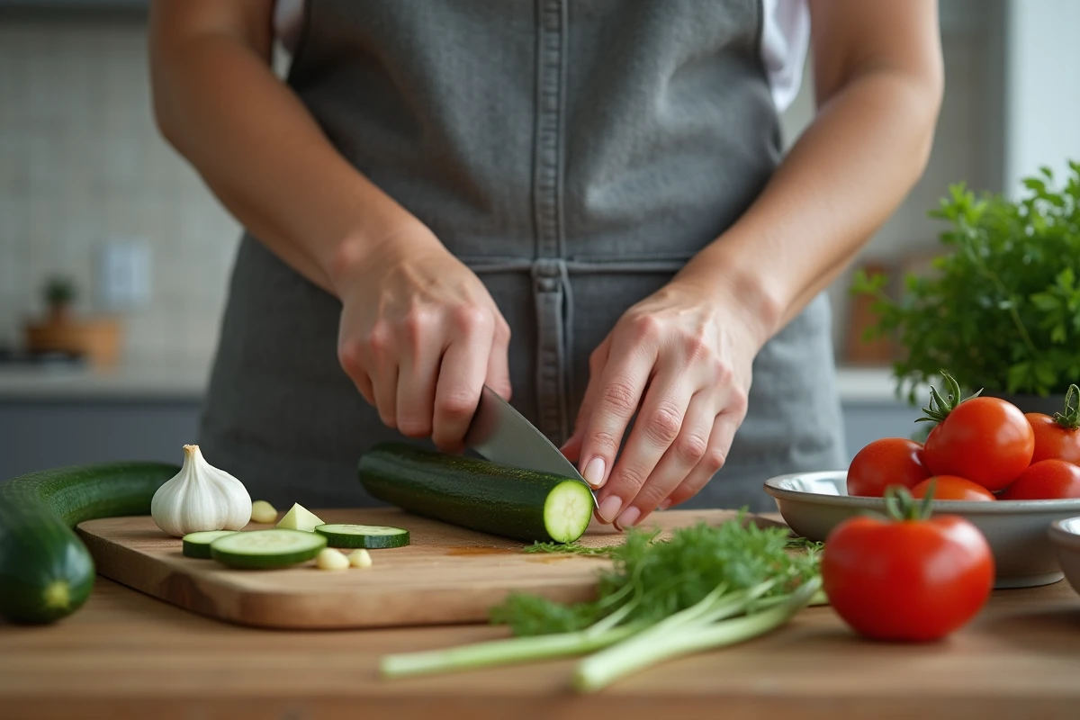 Femme découpant des courgettes et concombres sur une planche en bois dans une cuisine maison avec d'autres légumes
