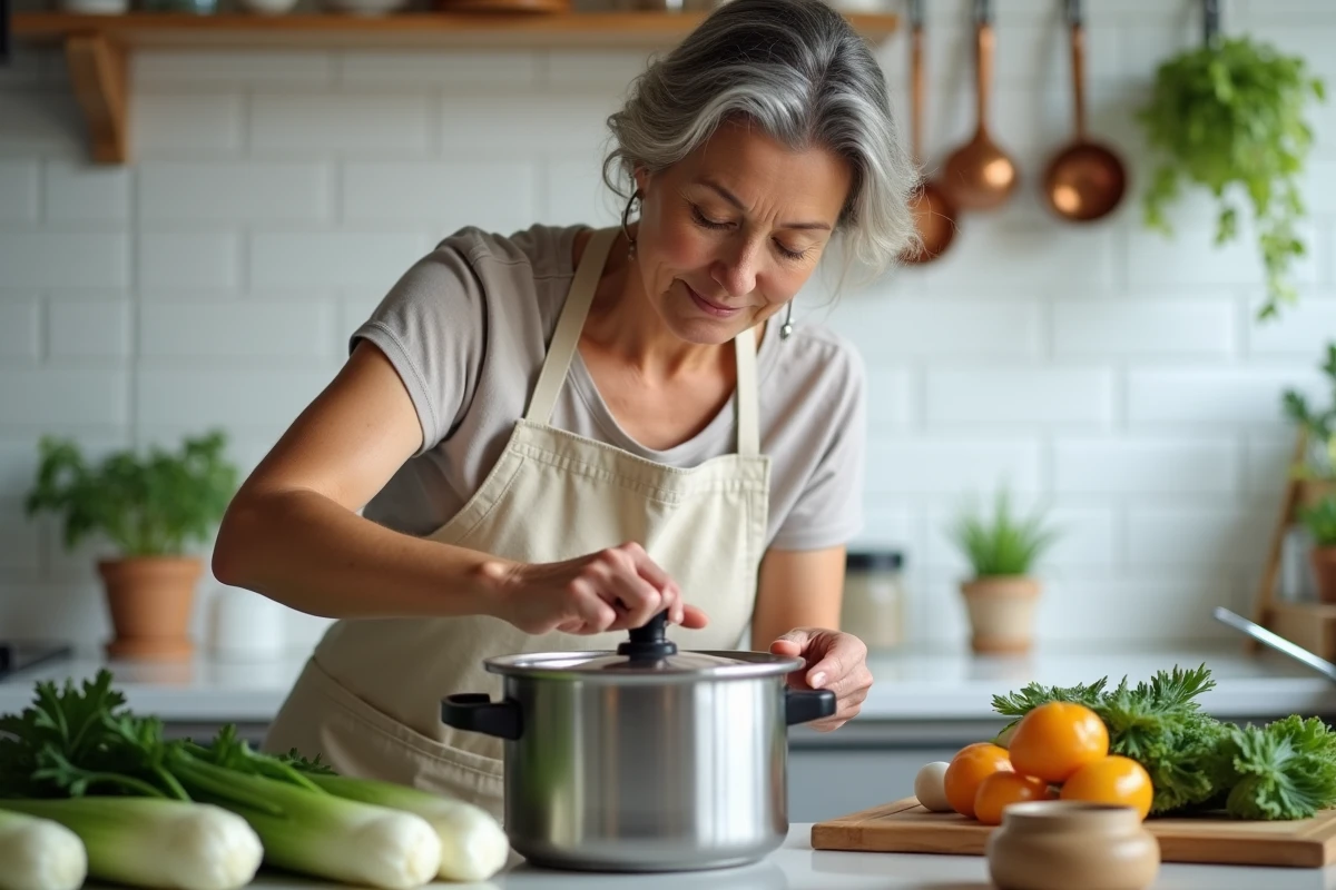 Femme préparant des endives à la cocotte minute dans une cuisine familiale lumineuse