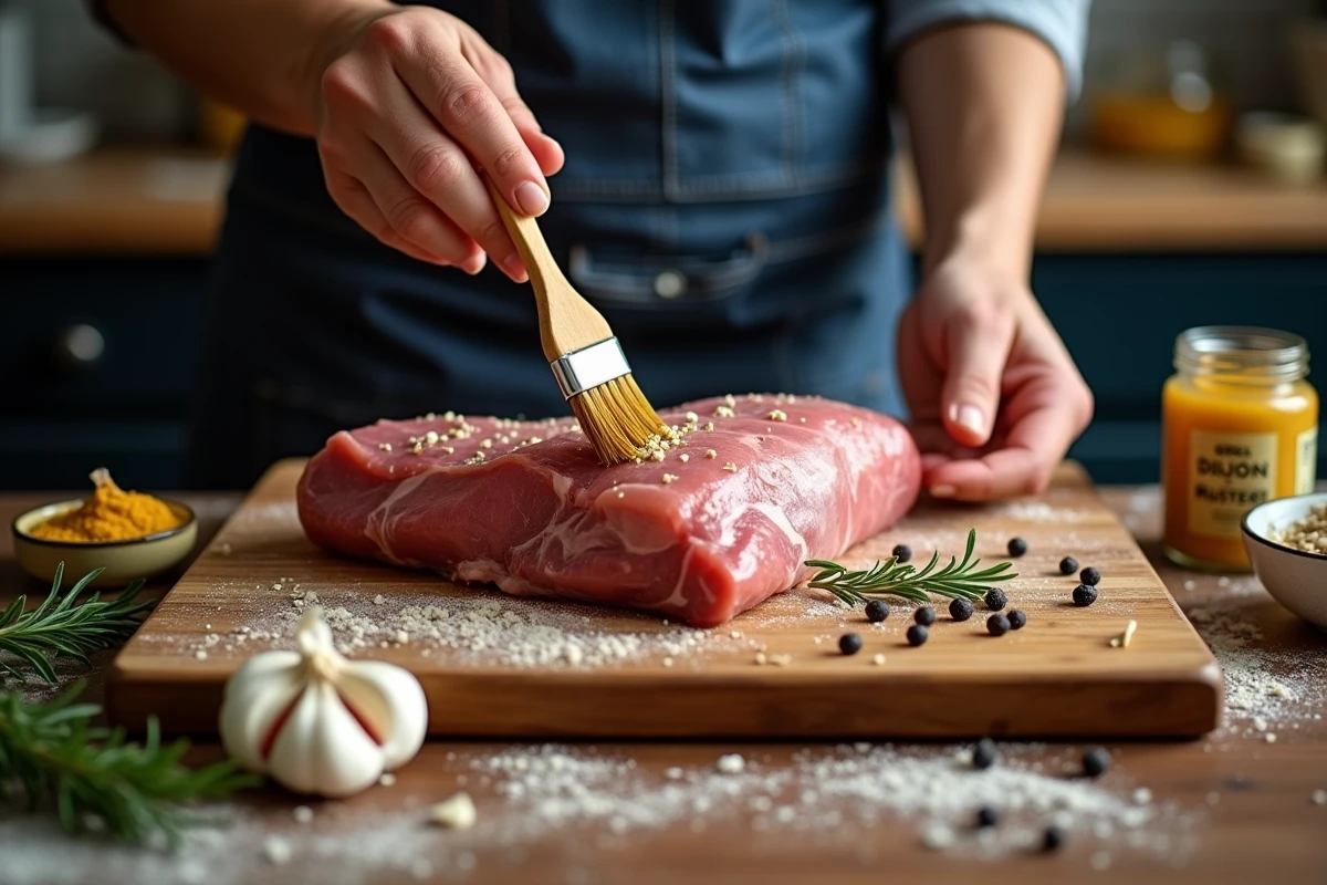 Mains badigeonnant un filet mignon cru de moutarde à l'ancienne sur une planche en bois entourée d'herbes et d'épices