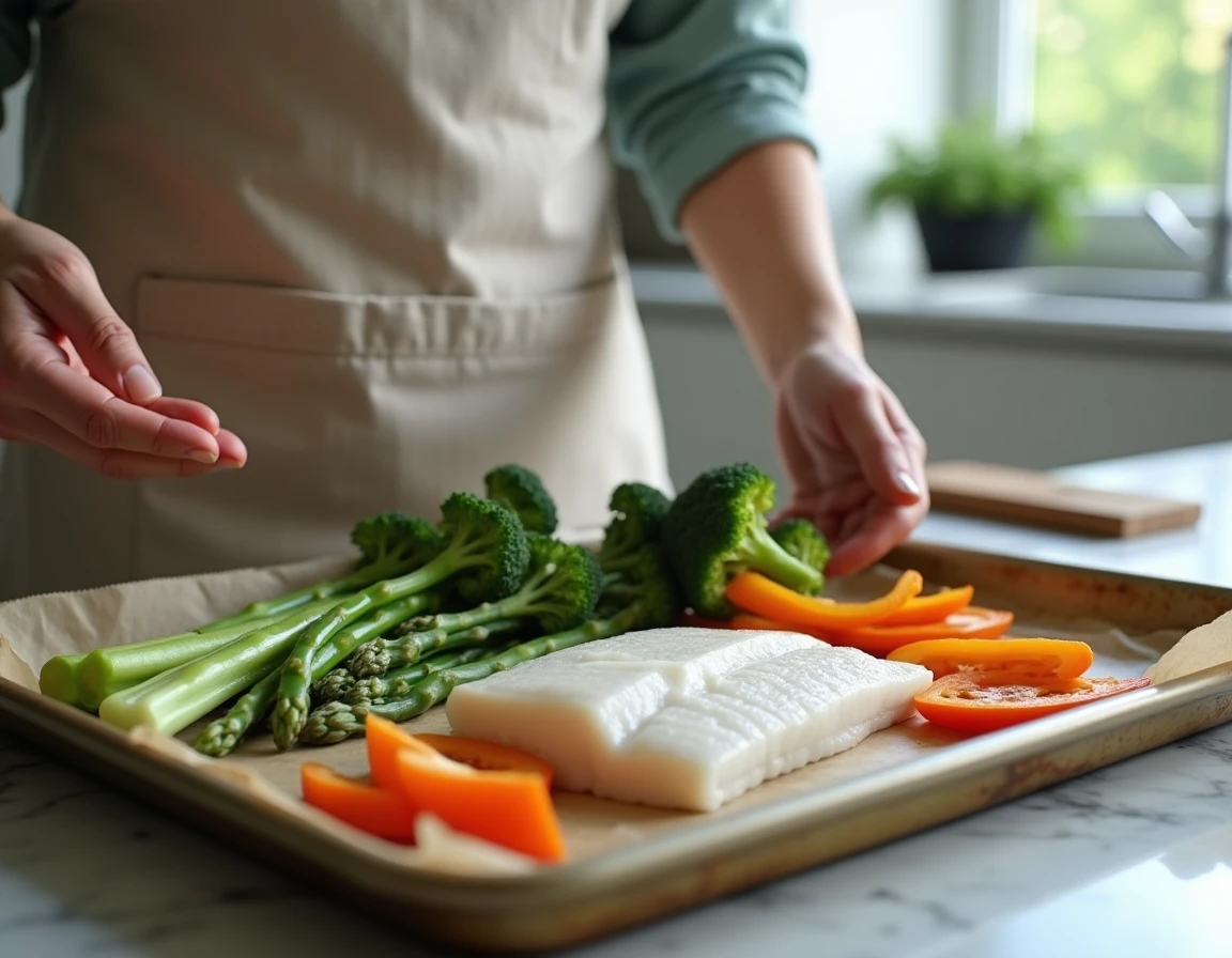 Femme préparant du poisson blanc avec des légumes frais à la place des féculents sur une plaque de cuisson