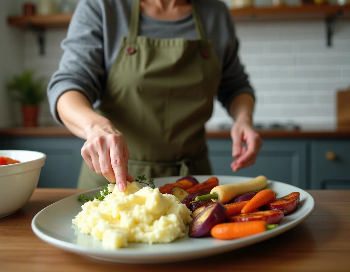 Cuisinier à domicile en train de dresser un plat de pommes de terre écrasées avec des légumes rôtis dans une cuisine familiale
